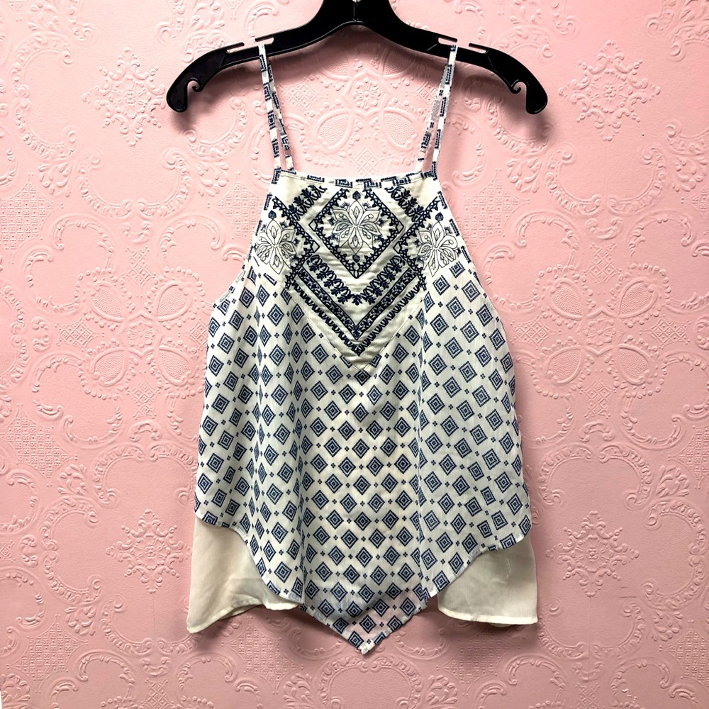 ABOUT A GIRL cami tank top blouse navy blue and ivory handkerchief cut S